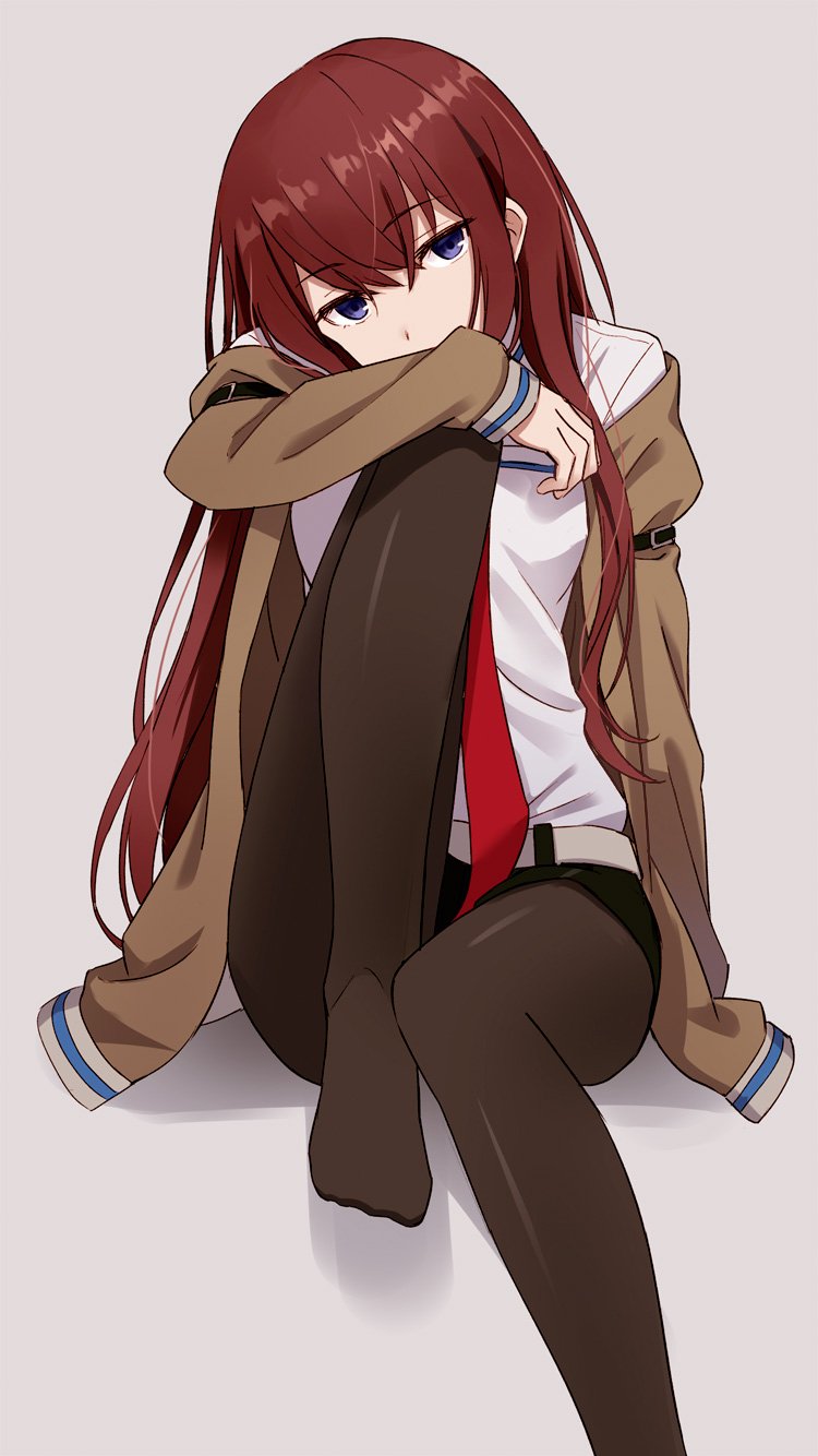 1girl belt black_legwear blue_eyes brown_hair collared_shirt covered_mouth eyebrows_visible_through_hair highres hyuuga_azuri jacket leg_up long_hair long_sleeves looking_at_viewer makise_kurisu necktie pantyhose red_neckwear shirt sitting solo steins;gate very_long_hair white_shirt