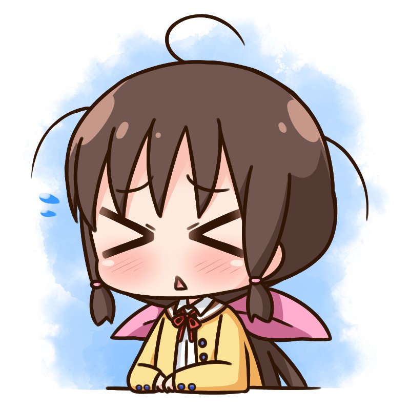 &gt;_&lt; 1girl :&lt; ahoge arm_support bangs blush brown_hair brown_sailor_collar chibi closed_eyes collared_shirt commentary_request eyebrows_visible_through_hair facing_viewer flying_sweatdrops hair_ribbon hana_kazari honda_tamaki jacket long_hair long_sleeves neck_ribbon open_clothes open_jacket parted_lips pink_ribbon red_ribbon ribbon sailor_collar shirt sidelocks solo stella_no_mahou triangle_mouth upper_body white_background white_shirt yellow_jacket