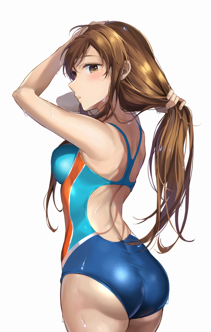 1girl adjusting_hair ass back bangs blush breasts brown_eyes brown_hair eyebrows_visible_through_hair hair_between_eyes hand_in_hair idolmaster idolmaster_cinderella_girls long_hair looking_at_viewer looking_back medium_breasts nitta_minami one-piece_swimsuit pinb simple_background solo swimsuit very_long_hair wet wet_clothes wet_hair wet_swimsuit white_background