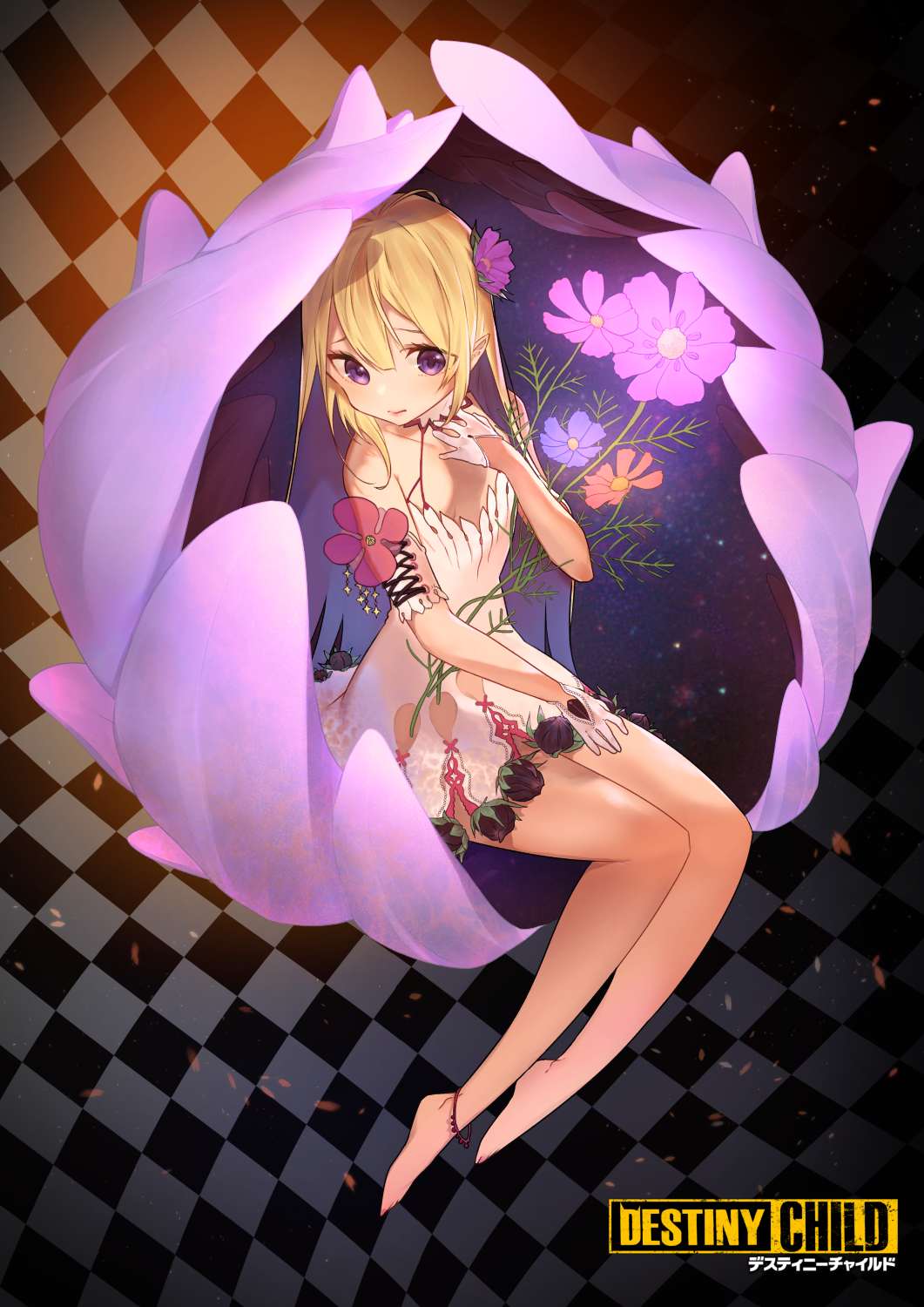 1girl bangs bare_legs bare_shoulders barefoot blonde_hair brown_footwear character_request checkered checkered_background closed_mouth collarbone commentary_request copyright_name destiny_child dress flower gloves glowing hair_between_eyes hair_flower hair_ornament half_gloves hand_on_own_chest hand_up highres karinto_yamada long_hair multicolored_hair pink_flower purple_flower purple_hair sitting solo two-tone_hair very_long_hair violet_eyes white_dress white_gloves