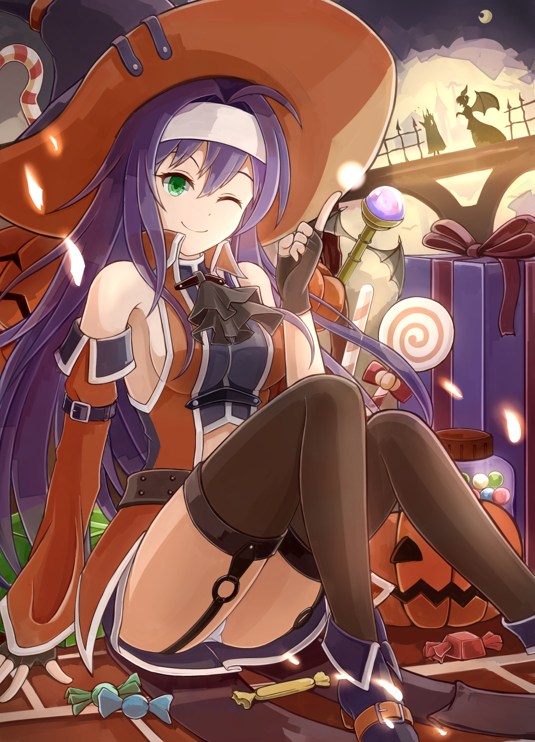 1girl ankle_boots bangs bare_shoulders black_legwear boots breasts closed_mouth detached_sleeves dress fingerless_gloves fire_emblem fire_emblem_heroes garter_straps gloves green_eyes hairband halloween hat highres jack-o'-lantern long_hair medium_breasts navel_cutout nintendo one_eye_closed panties pantyshot purple_hair ryuusaki_rei short_dress sideboob sitting smile solo thigh-highs underwear upskirt wayu_(fire_emblem) white_panties witch_hat