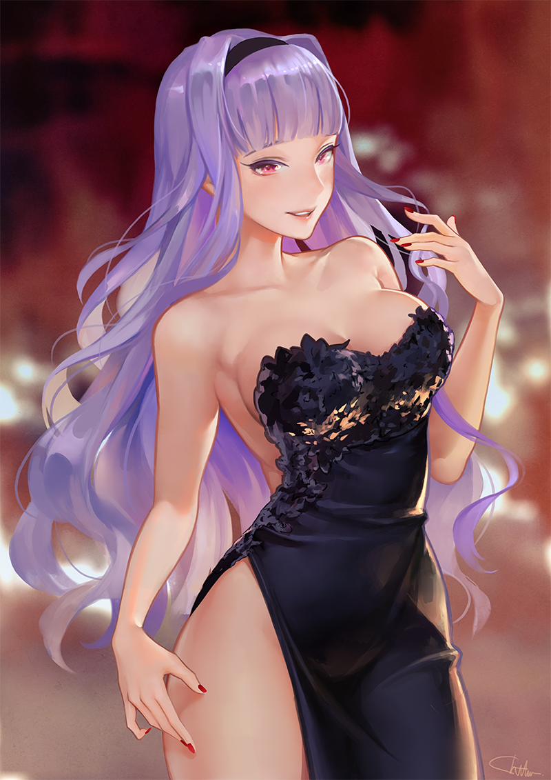 1girl :d alternate_costume bangs bare_shoulders black_dress black_hairband blunt_bangs blurry blurry_background breasts chatalaw cleavage commentary_request dress female formal hair_intakes hairband hand_up highres idolmaster idolmaster_(classic) large_breasts lavender_hair lips long_hair looking_at_viewer nail_polish open_mouth pink_eyes red_nails round_teeth shijou_takane shiny shiny_hair side_slit smile solo standing strapless strapless_dress teeth upper_teeth wavy_hair
