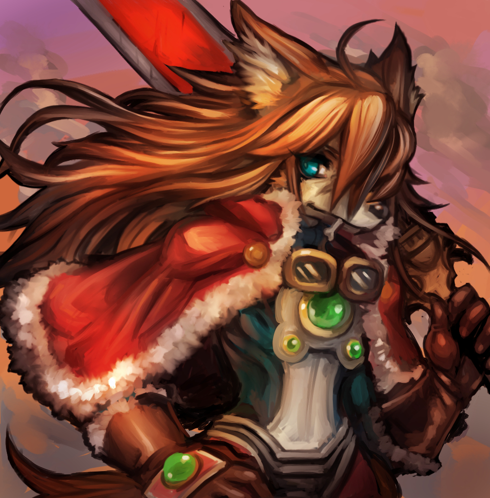 1boy ahoge animal_ears bangs blue_eyes brown_hair capelet dakusuta dog_ears fur_trim furry gloves goggles goggles_around_neck hair_between_eyes hand_on_hip holding holding_sword holding_weapon long_hair male_focus mouth_hold red_capelet red_savarin solatorobo solo sword tail upper_body weapon