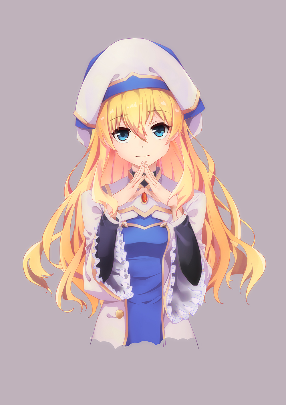 1girl blonde_hair blue_eyes blush eyebrows_visible_through_hair goblin_slayer! hangyaku_no_kusaichigo hat highres long_hair long_sleeves priestess_(goblin_slayer!) simple_background solo