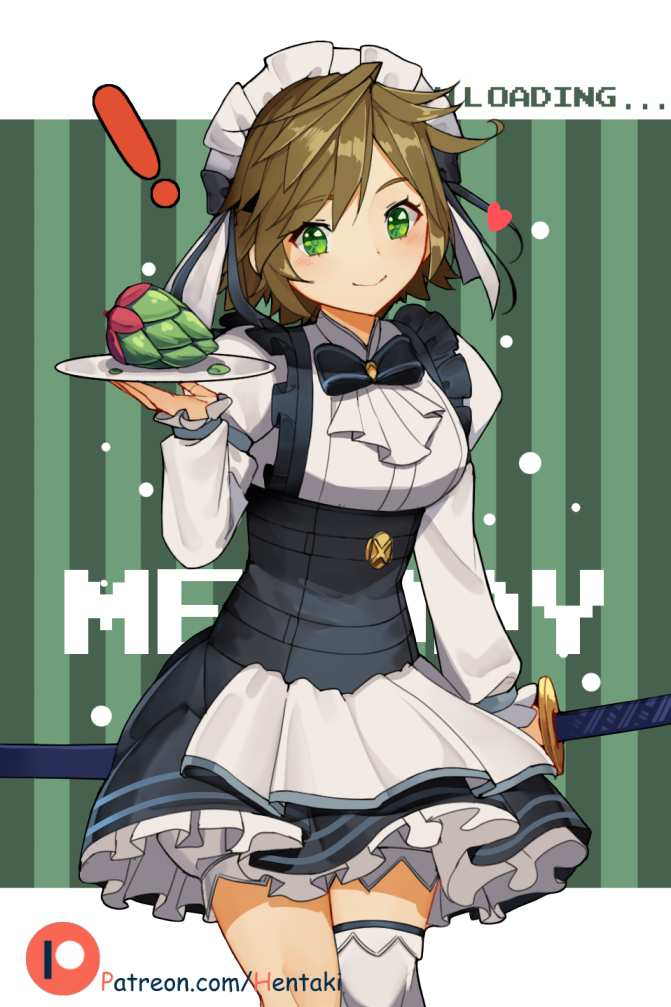 ! 1girl apron asymmetrical_legwear bangs black_skirt bloomers blush brown_hair character_request closed_mouth commentary dragalia_lost english_commentary eyebrows_visible_through_hair frilled_skirt frills green_eyes head_tilt heart hentaki holding holding_plate holding_sheath juliet_sleeves katana long_sleeves maid maid_headdress plate pleated_skirt puffy_sleeves sheath sheathed shirt single_thighhigh skirt smile solo striped striped_background sword thigh-highs underwear vertical-striped_background vertical_stripes waist_apron watermark weapon web_address white_apron white_bloomers white_legwear white_shirt