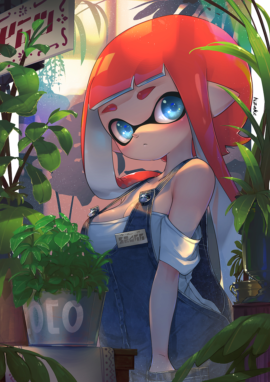 1girl bangs bare_shoulders blue_eyes blunt_bangs breasts cleavage closed_mouth collarbone denim expressionless hand_in_pocket highres inkling inkling_(language) kashu_(hizake) light_rays looking_at_viewer medium_breasts monster_girl nintendo off_shoulder orange_hair overalls plant pointy_ears potted_plant shade shirt short_eyebrows short_hair_with_long_locks short_sleeves sidelocks sideways_glance sign signature solo splatoon standing table tablecloth tentacle_hair thick_eyebrows white_shirt