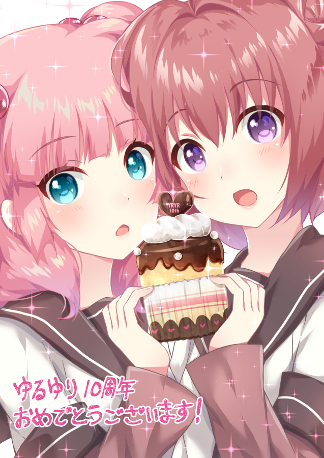 2girls akaza_akari anniversary baretto_(firearms_1) blue_eyes blush cake copyright_name double_bun eyebrows_visible_through_hair food hair_bobbles hair_ornament long_sleeves looking_at_viewer multiple_girls open_mouth parted_lips pink_hair redhead short_twintails smile translated twintails upper_body violet_eyes yoshikawa_chinatsu yuru_yuri