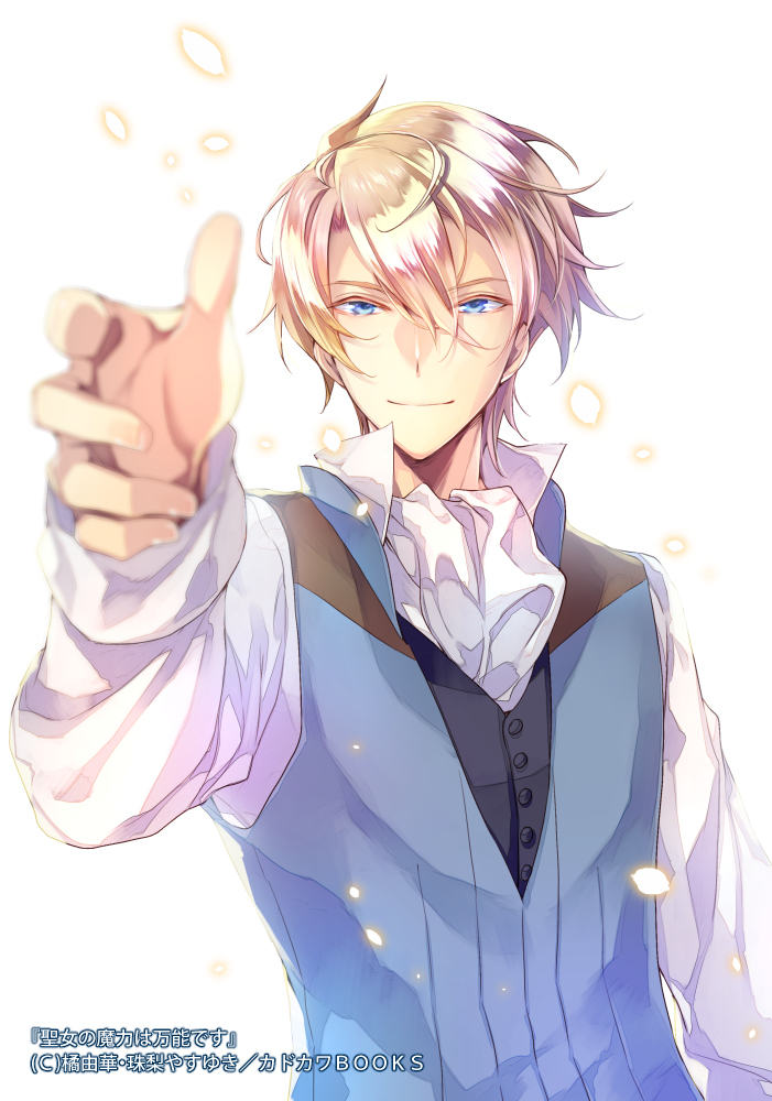 1boy alberto_hawk blonde_hair blue_eyes copyright_name hair_between_eyes hand_up looking_at_viewer male_focus official_art reaching_out seijo_no_maryoku_wa_bannou_desu shuri_yasuyuki smile standing upper_body white_background