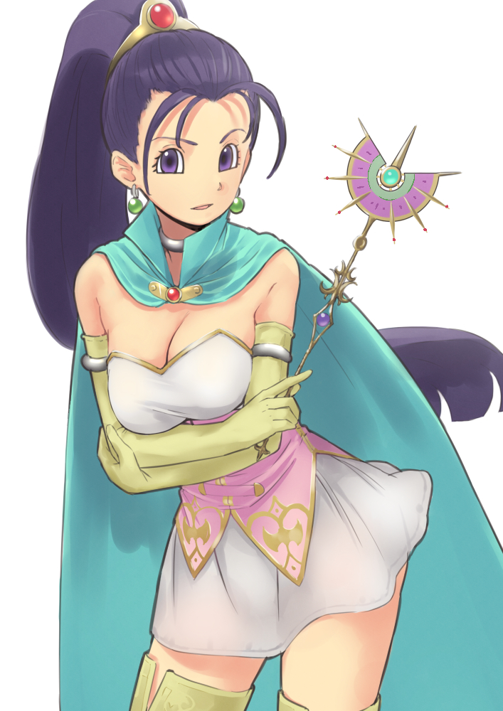1girl aiueonesan_(umanaminoatama) blue_cape breasts cape choker cleavage dragon_quest dragon_quest_xi dress earrings elbow_gloves gloves hair_strand holding holding_wand jewelry large_breasts long_hair looking_at_viewer miniskirt ponytail purple_hair senica_(dq11) simple_background skirt solo thigh-highs violet_eyes wand white_background white_dress yellow_gloves yellow_legwear