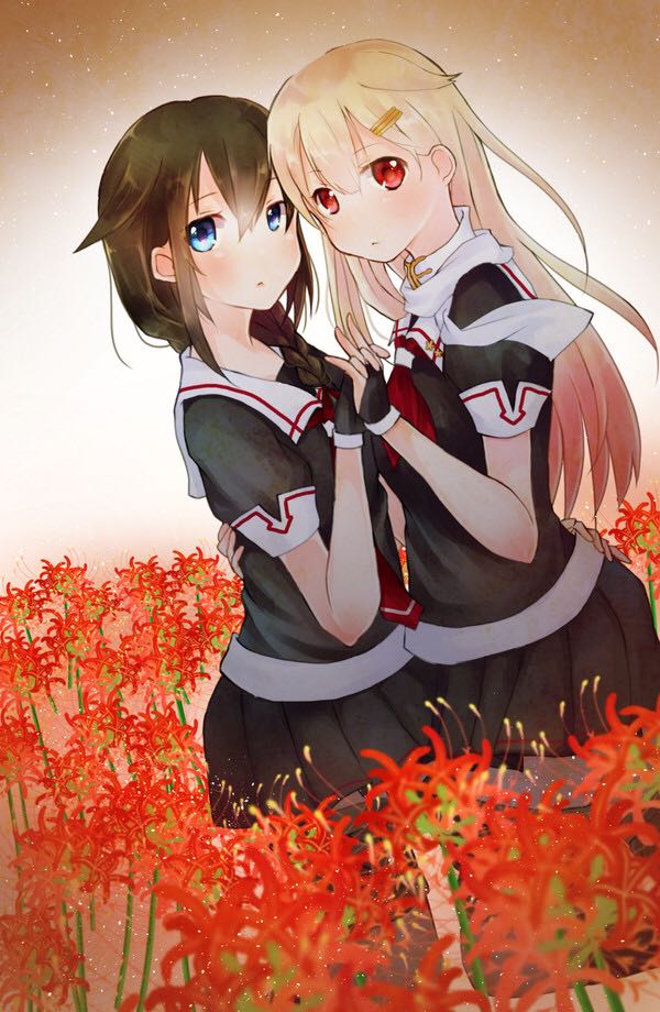 2girls ahoge artist_request black_ribbon black_serafuku black_skirt blonde_hair blue_eyes braid brown_hair commentary fingerless_gloves flower gloves gradient_hair hair_flaps hair_ornament hair_over_shoulder hair_ribbon hairclip hand_holding kantai_collection long_hair multicolored_hair multiple_girls neckerchief pleated_skirt red_eyes red_neckwear remodel_(kantai_collection) ribbon scarf school_uniform serafuku shigure_(kantai_collection) single_braid skirt spider_lily straight_hair white_scarf yuudachi_(kantai_collection)