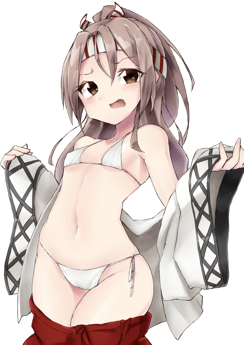 1girl asake_ameji bikini bikini_under_clothes brown_eyes brown_hair cowboy_shot embarrassed hachimaki headband high_ponytail japanese_clothes kantai_collection long_hair looking_at_viewer open_clothes open_mouth ponytail side-tie_bikini simple_background solo swimsuit swimsuit_under_clothes white_background white_bikini zuihou_(kantai_collection)