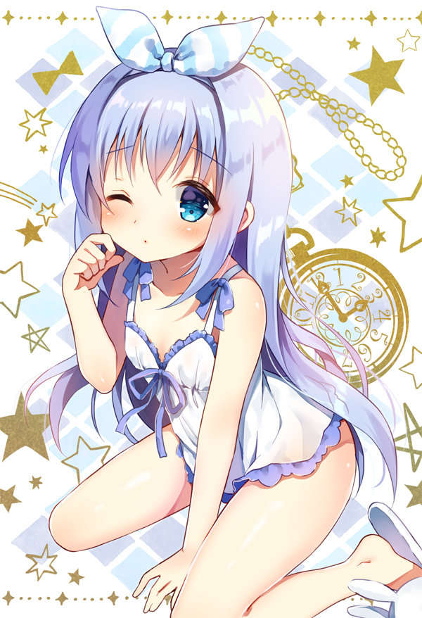 1girl bangs bare_arms bare_shoulders between_legs blue_bow blue_eyes blue_hair blue_ribbon blush bow closed_mouth collarbone commentary_request dress eyebrows_visible_through_hair gochuumon_wa_usagi_desu_ka? hair_between_eyes hair_ribbon hand_between_legs kafuu_chino long_hair looking_at_viewer mauve one_eye_closed pocket_watch ribbon sitting sleeveless sleeveless_dress slippers solo star striped striped_ribbon very_long_hair wariza watch white_dress white_footwear