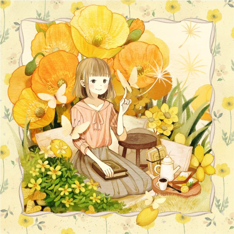 1girl bangs blunt_bangs blush book book_on_lap bread brown_eyes brown_hair brown_skirt bug butterfly butterfly_on_finger closed_mouth coffee_pot cup cushion dandelion_seed floral_background flower food fruit hand_up insect orange orange_flower orange_slice original pink_shirt poppy_(flower) seiza shirt short_hair sitting skirt smile solo somemachi tray yellow_flower