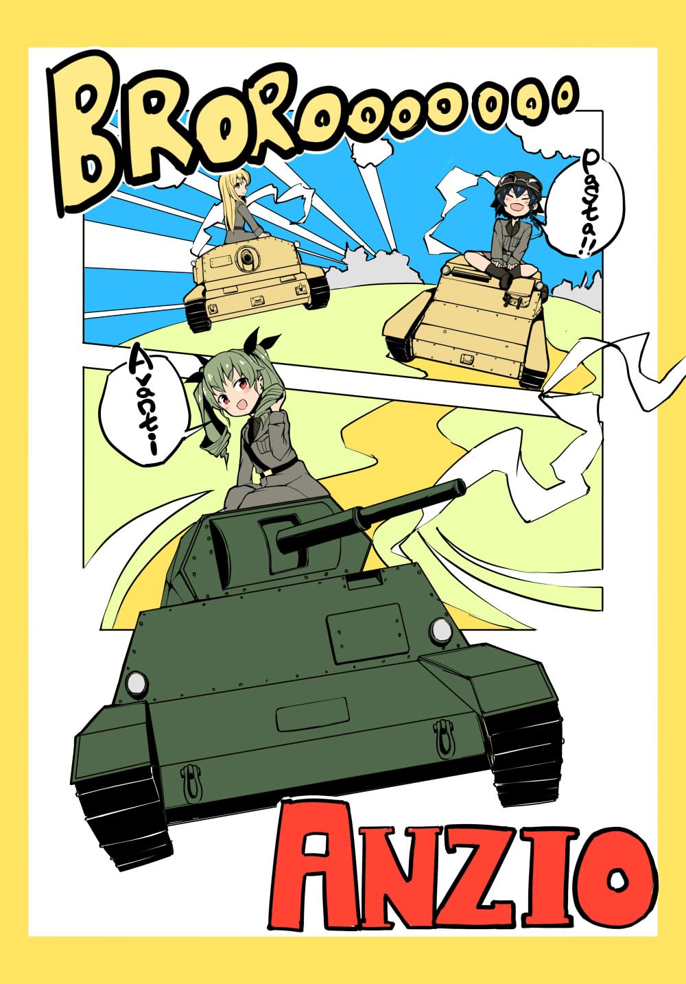 3girls anchovy anzio_military_uniform arm_support bangs barashiya belt black_belt black_footwear black_hair black_neckwear black_ribbon black_shirt blonde_hair boots braid carpaccio carro_armato_p40 carro_veloce_cv-33 closed_eyes closed_mouth commentary dress_shirt drill_hair eyebrows_visible_through_hair girls_und_panzer goggles goggles_on_headwear green_eyes green_hair grey_jacket grey_pants grey_skirt ground_vehicle hair_ribbon hand_in_hair helmet highres indian_style italian jacket knee_boots long_hair long_sleeves looking_at_viewer military military_uniform military_vehicle motor_vehicle multiple_girls necktie open_mouth pants pepperoni_(girls_und_panzer) red_eyes ribbon sam_browne_belt semovente_75/18 shirt short_hair side_braid sitting skirt smile tank twin_drills twintails uniform v-shaped_eyebrows
