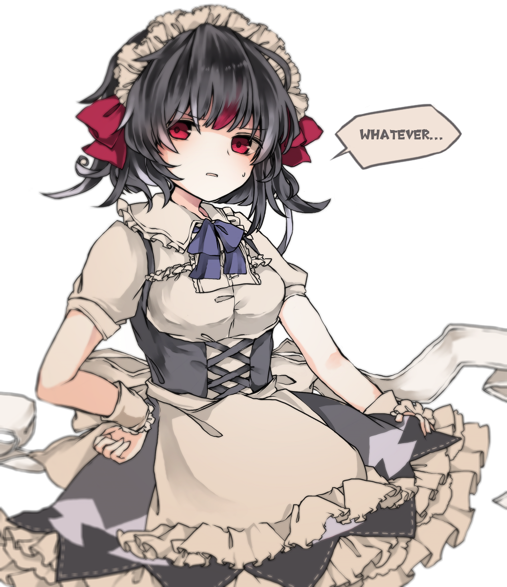 1girl alternate_costume apron bangs black_hair breasts dress english enmaided eyebrows_visible_through_hair hand_on_hip highres kijin_seija maid maid_apron maid_headdress medium_breasts multicolored_hair open_mouth puffy_short_sleeves puffy_sleeves red_eyes redhead sato_imo short_hair short_sleeves simple_background solo speech_bubble streaked_hair touhou white_apron white_background white_hair