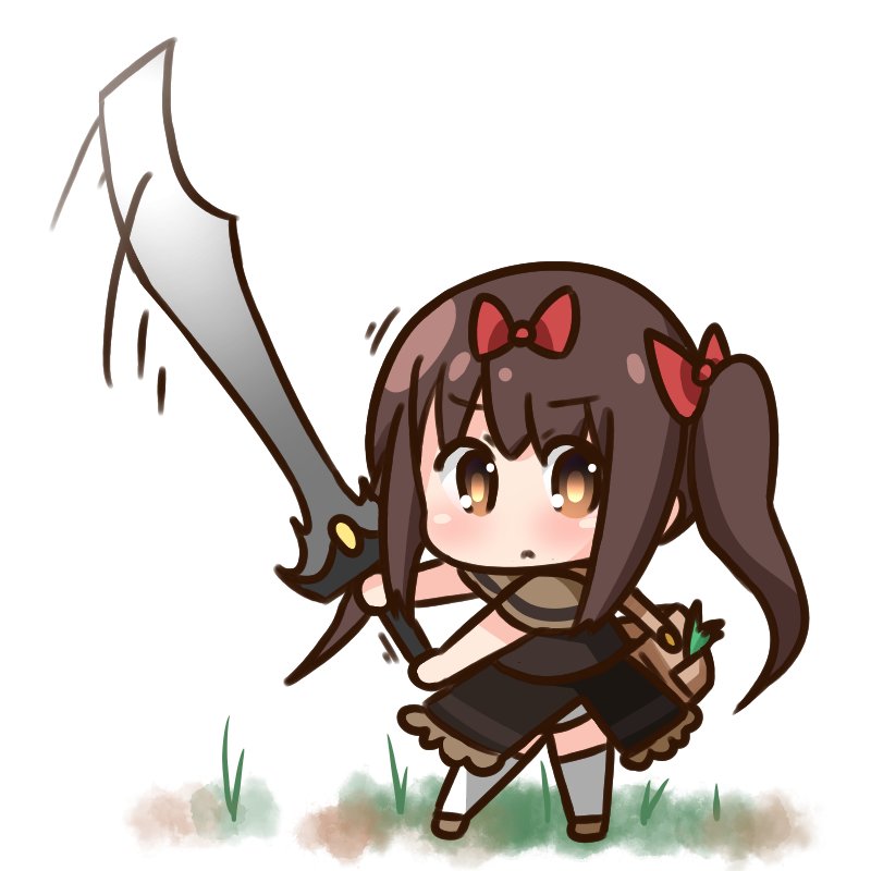 1girl bag bangs blush bow brown_dress brown_eyes brown_footwear brown_hair chibi closed_mouth commentary_request dress eyebrows_visible_through_hair hair_between_eyes hair_bow hana_kazari holding holding_sword holding_weapon huge_weapon long_hair looking_at_viewer original red_bow shoulder_bag solo standing sword thigh-highs twintails very_long_hair weapon white_background white_legwear