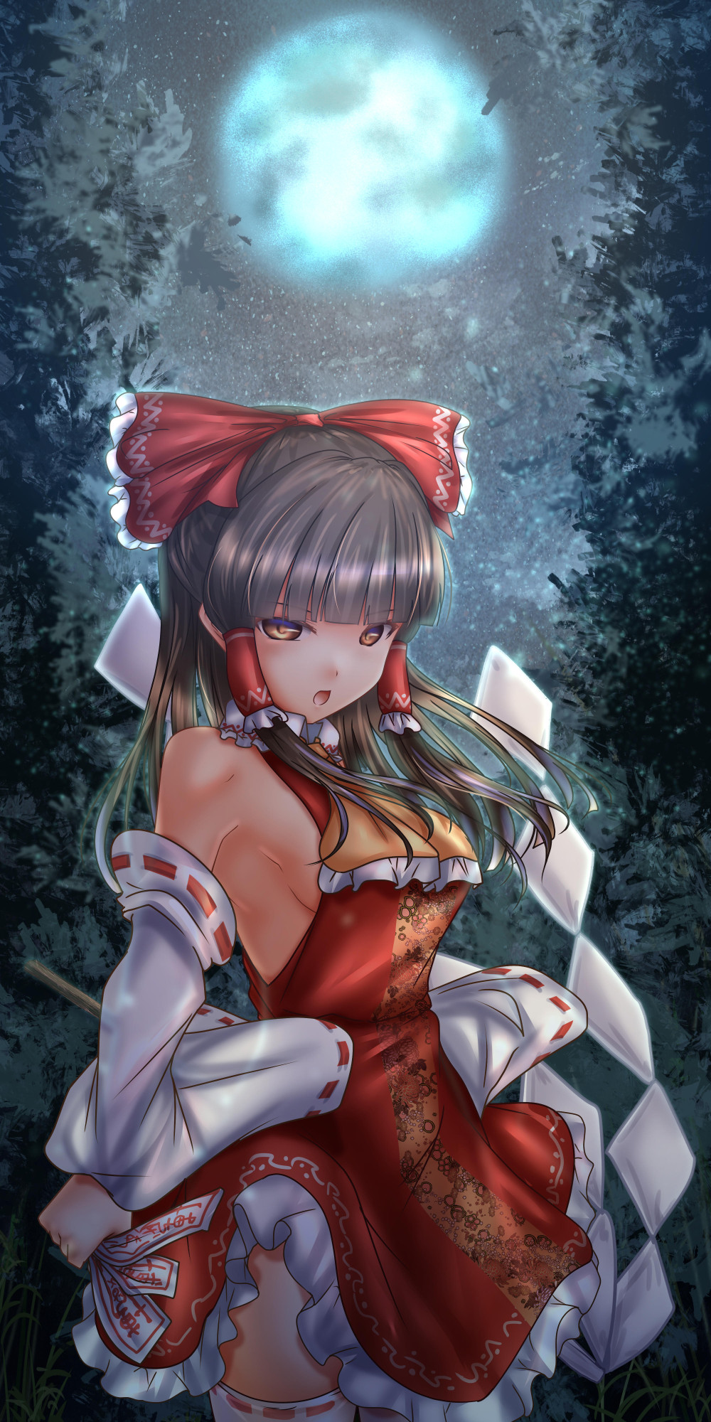 1girl bangs bare_shoulders blunt_bangs bow breasts brown_hair commentary_request detached_sleeves dress forest frilled_bow frilled_dress frilled_hair_tubes frilled_neckwear frills full_moon hair_bow hair_tubes hakurei_reimu half-closed_eyes highres holding long_hair long_sleeves looking_at_viewer moon moonlight nature neckwear_request night night_sky no_bra object_request open_mouth orange_neckwear outdoors red_bow red_dress ribbon-trimmed_sleeves ribbon-trimmed_thighhighs ribbon_trim shiny shiny_hair shounen_(hogehoge) sideboob sidelocks sky solo standing star_(sky) starry_sky touhou white_legwear white_sleeves wide_sleeves