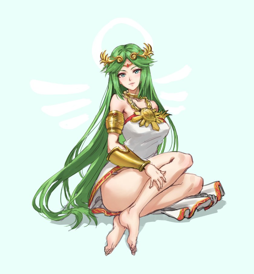 1girl athenawyrm bare_shoulders blush breasts dress full_body green_eyes green_hair jewelry kid_icarus kid_icarus_uprising large_breasts long_hair looking_at_viewer necklace nintendo palutena parted_lips sitting smile solo tiara very_long_hair