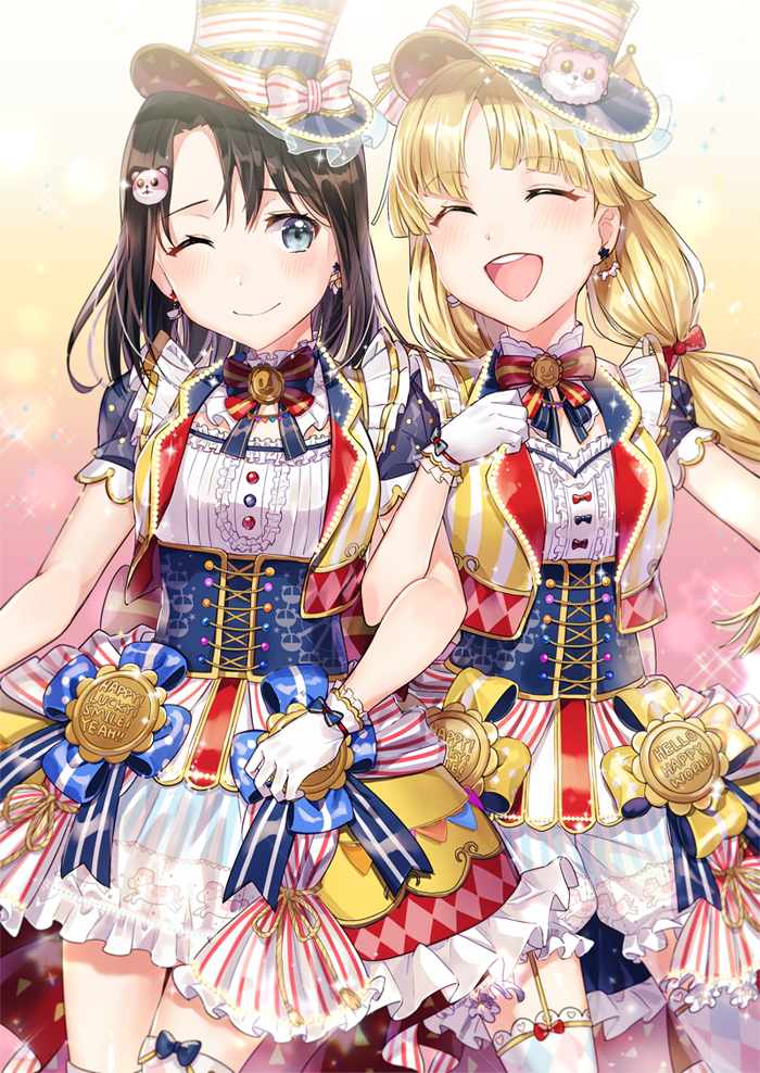 2girls :d ;) ^_^ bang_dream! bangs bear_hair_ornament black_hair blonde_hair blue_eyes blush bow bowtie center_frills character_hair_ornament clenched_hand closed_eyes closed_eyes commentary_request corset dress earrings gloves group_name hair_bow hair_ornament hat hat_ornament hat_ribbon jacket jewelry locked_arms long_hair medium_hair michelle_(bang_dream!) multicolored multicolored_clothes multicolored_dress multiple_girls okusawa_misaki one_eye_closed open_mouth overskirt red_bow ribbon round_teeth short_sleeves smile striped striped_neckwear striped_ribbon teeth tiny_(tini3030) tsurumaki_kokoro twintails upper_teeth vertical_stripes white_gloves