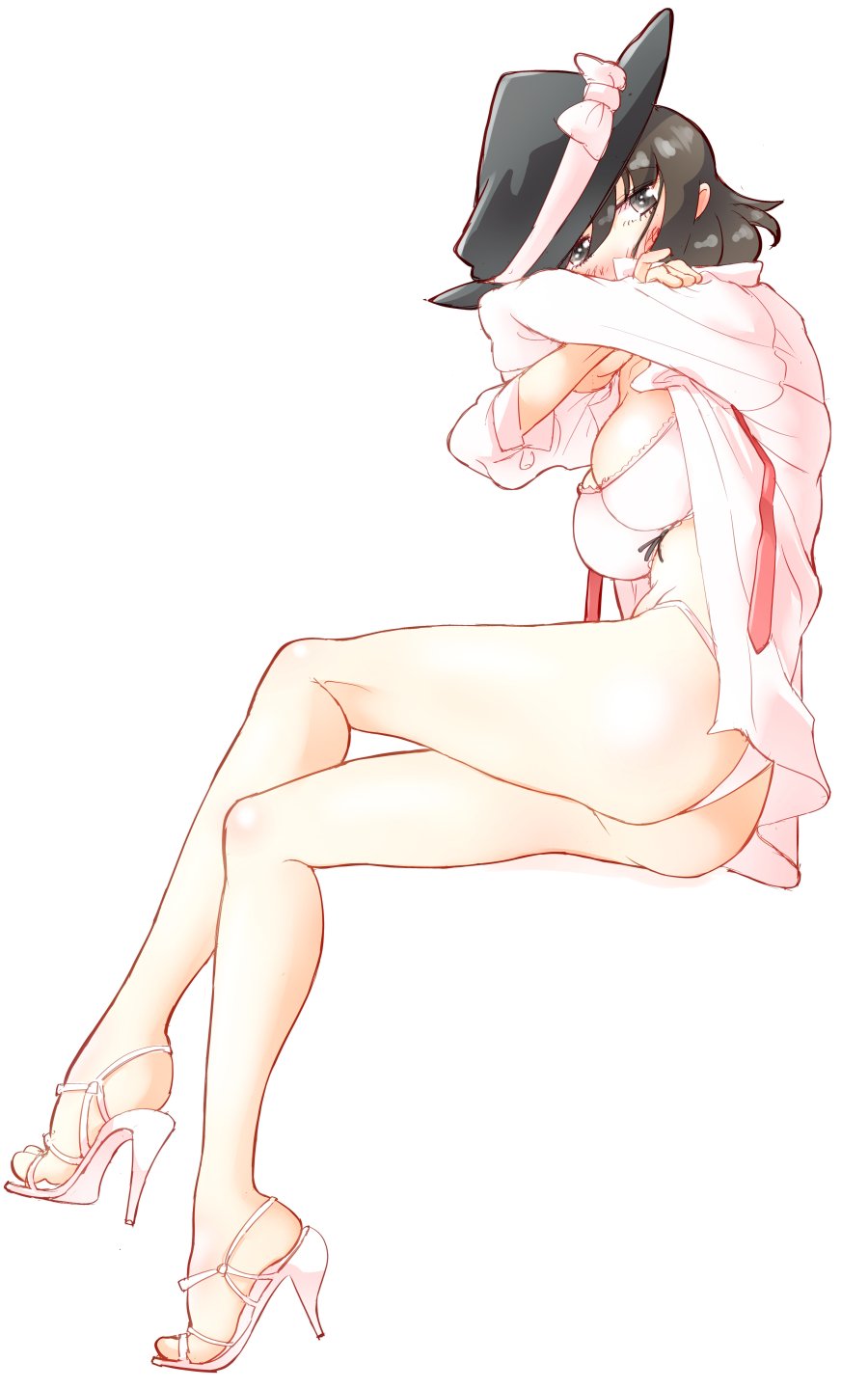 1girl ass black_hair blush bra breasts commentary_request covered_mouth crossed_arms fedora full_body hat high_heels highres large_breasts looking_to_the_side no_pants non_(z-art) open_clothes open_shirt panties touhou underwear usami_renko white_background white_bra white_footwear white_panties