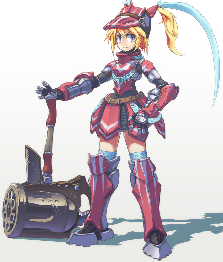 1girl armor bangs blonde_hair blue_eyes full_body hair_between_eyes hammer hand_on_hip helmet hermitaur_(armor) huge_weapon monster_hunter plume red_armor simple_background skirt solo standing weapon white_background yuusuke_(5yusuke3)