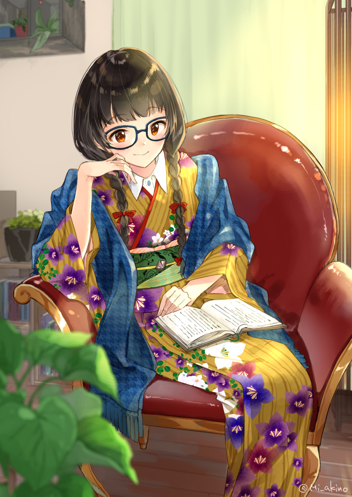 1girl armchair bangs black-framed_eyewear blurry blurry_foreground blush book braid brown_eyes brown_hair chair closed_mouth commentary_request depth_of_field eyebrows_visible_through_hair fingernails floral_print fringe glasses indoors japanese_clothes kimono long_hair long_sleeves looking_away looking_down miyabi_akino open_book original plant potted_plant print_kimono reading shawl sitting smile solo striped twin_braids twitter_username vertical-striped_kimono vertical_stripes wide_sleeves wooden_floor yellow_kimono