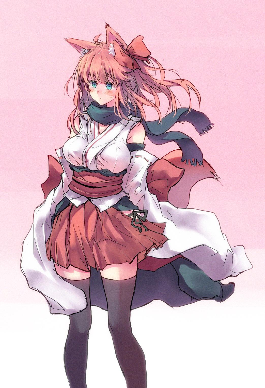 1girl animal_ear_fluff animal_ears bangs bare_shoulders black_legwear black_panties black_scarf blush bow bow_panties breasts closed_mouth commentary_request detached_sleeves eyebrows_visible_through_hair fox_ears fox_girl fox_tail green_eyes hair_ribbon highres hip_vent japanese_clothes large_breasts long_hair long_sleeves looking_to_the_side obi one_side_up orange_hair original panties red_ribbon red_skirt ribbon sash sawaya_(mizukazu) scarf simple_background skirt sleeves_past_wrists solo standing tail thigh-highs tied_hair underwear wide_sleeves