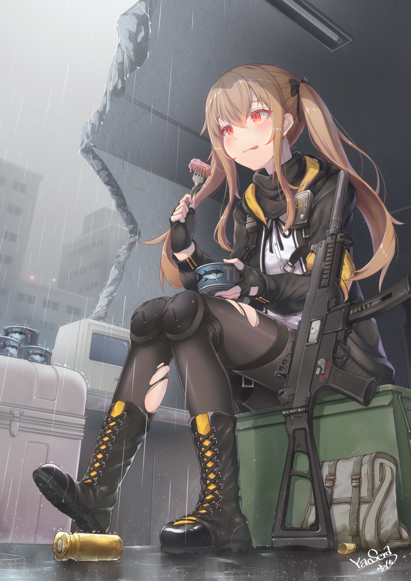 1girl armband bangs black_bow black_footwear black_gloves black_jacket black_legwear blush boots bow building can canned_food closed_mouth clouds cloudy_sky collared_shirt commentary_request cross-laced_footwear dress_shirt eyebrows_visible_through_hair fingerless_gloves food fork girls_frontline gloves h&amp;k_ump9 hair_between_eyes hair_bow holding holding_fork jacket lace-up_boots light_brown_hair long_hair long_sleeves looking_away object_namesake open_clothes open_jacket outdoors overcast pantyhose puffy_long_sleeves puffy_sleeves rain red_eyes ruins shell_casing shirt signature sitting sky skyscraper solo thigh_strap tongue tongue_out torn_clothes torn_pantyhose twintails ump9_(girls_frontline) very_long_hair white_shirt yaosera