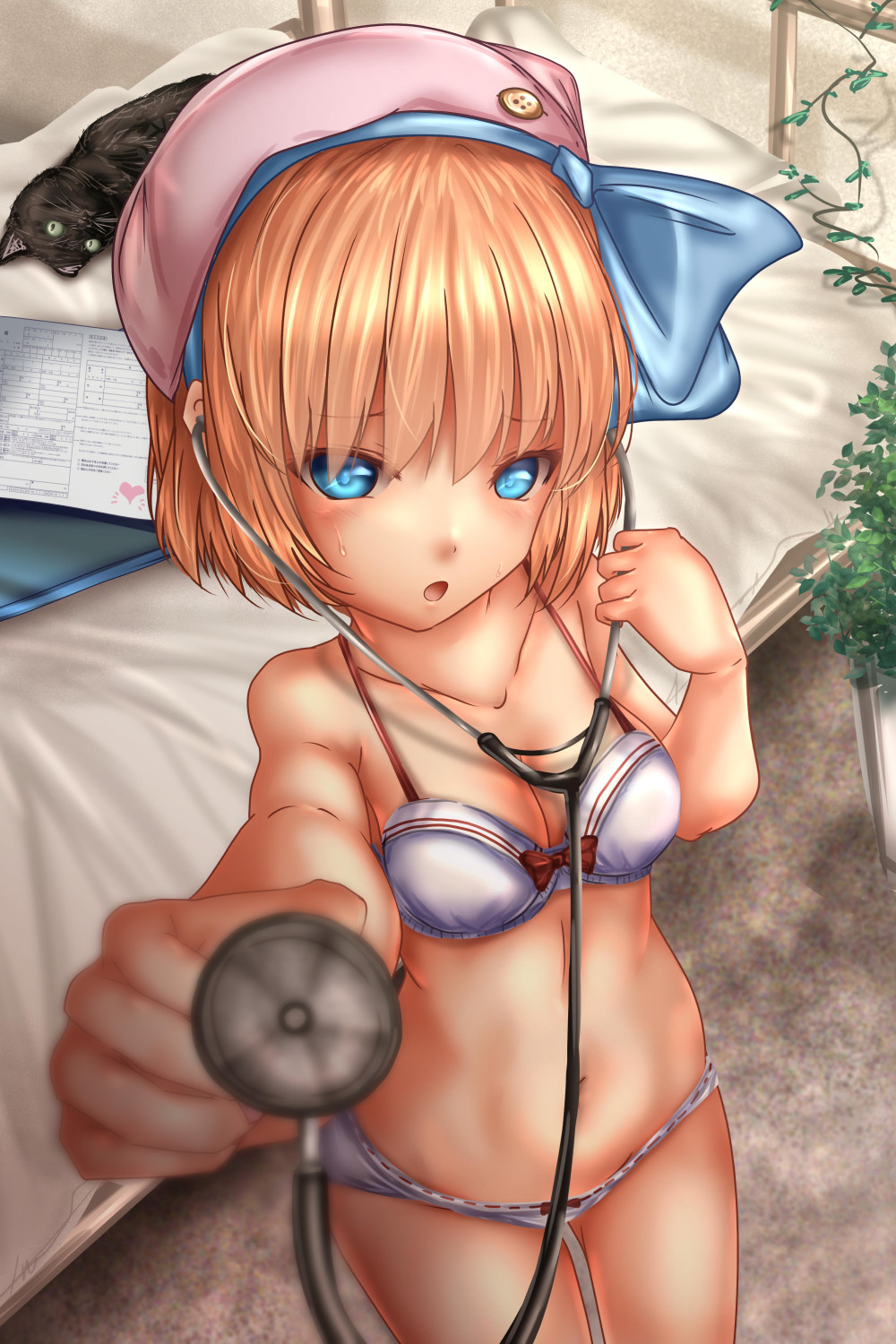 1girl :o alice_margatroid bangs beret blonde_hair blue_eyes blue_hairband blurry blurry_background blush bow bow_bra bow_panties bra breasts cat cleavage collarbone cowboy_shot day depth_of_field eyebrows_visible_through_hair foreshortening futon gluteal_fold hairband hat hat_bow highres holding ivy leaning_forward looking_at_viewer medium_breasts navel open_mouth outdoors panties pink_hat plant ribbon-trimmed_panties short_hair shounen_(hogehoge) skindentation solo standing stethoscope sweatdrop thighs touhou underwear white_bra white_panties