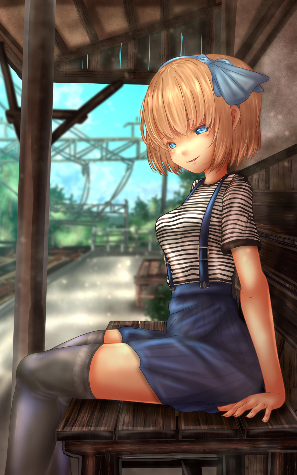 1girl alice_margatroid arm_support bangs bench black_legwear black_skirt blue_hairband blue_ribbon blue_skirt blue_sky blurry blurry_background casual day depth_of_field eyebrows_visible_through_hair from_side hair_ribbon hairband half-closed_eyes high-waist_skirt highres miniskirt outdoors parted_bangs pleated_skirt ribbon shirt short_hair short_sleeves shounen_(hogehoge) sitting skirt sky smile solo striped striped_shirt suspender_skirt suspenders thigh-highs touhou train_station utility_pole younger