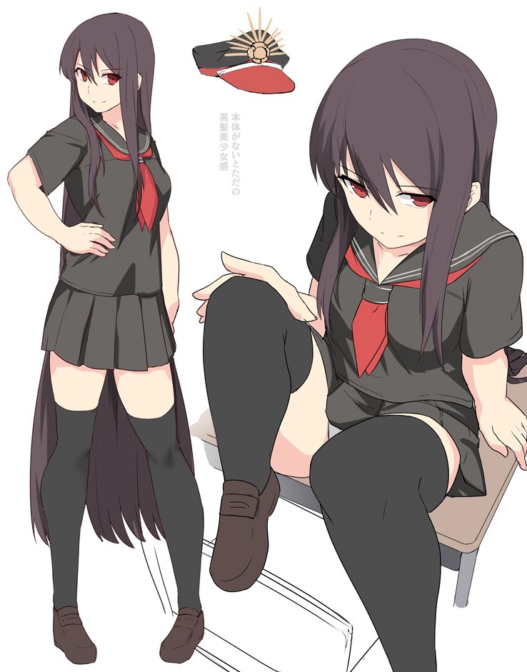 black_hair black_legwear black_shirt black_skirt breasts desk family_crest fate/grand_order fate_(series) hair_between_eyes hand_on_hip hat koha-ace loafers long_hair military_hat neckerchief oda_nobunaga_(fate) oda_uri on_desk panties peaked_cap pleated_skirt red_eyes sailor_collar sanpaku school_uniform serafuku shirt shiseki_hirame shoes short_sleeves sitting sitting_on_desk skirt thigh-highs underwear uniform very_long_hair white_panties zettai_ryouiki