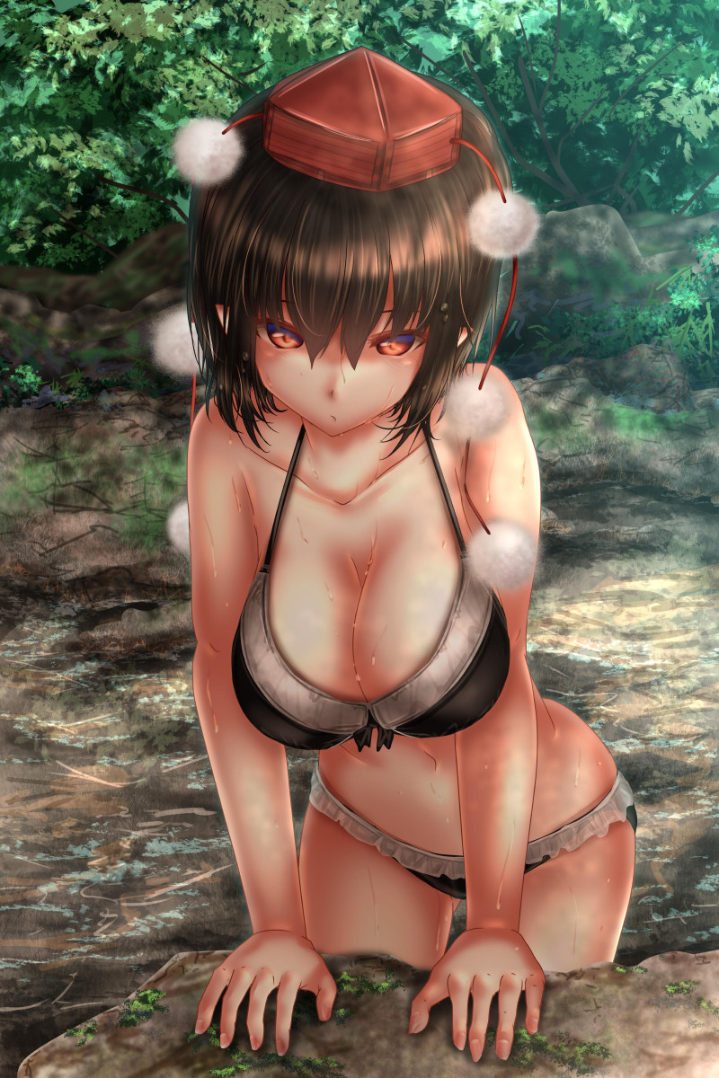 1girl arm_support bangs black_bra black_hair black_panties bow bow_bra bra breasts cleavage closed_mouth collarbone cowboy_shot dappled_sunlight day frilled_panties frills hat highres large_breasts leaning_forward light_frown looking_at_viewer navel outdoors panties pointy_ears red_eyes see-through shameimaru_aya short_hair short_sleeves shounen_(hogehoge) solo standing sunlight tokin_hat touhou underwear underwear_only wet wet_hair