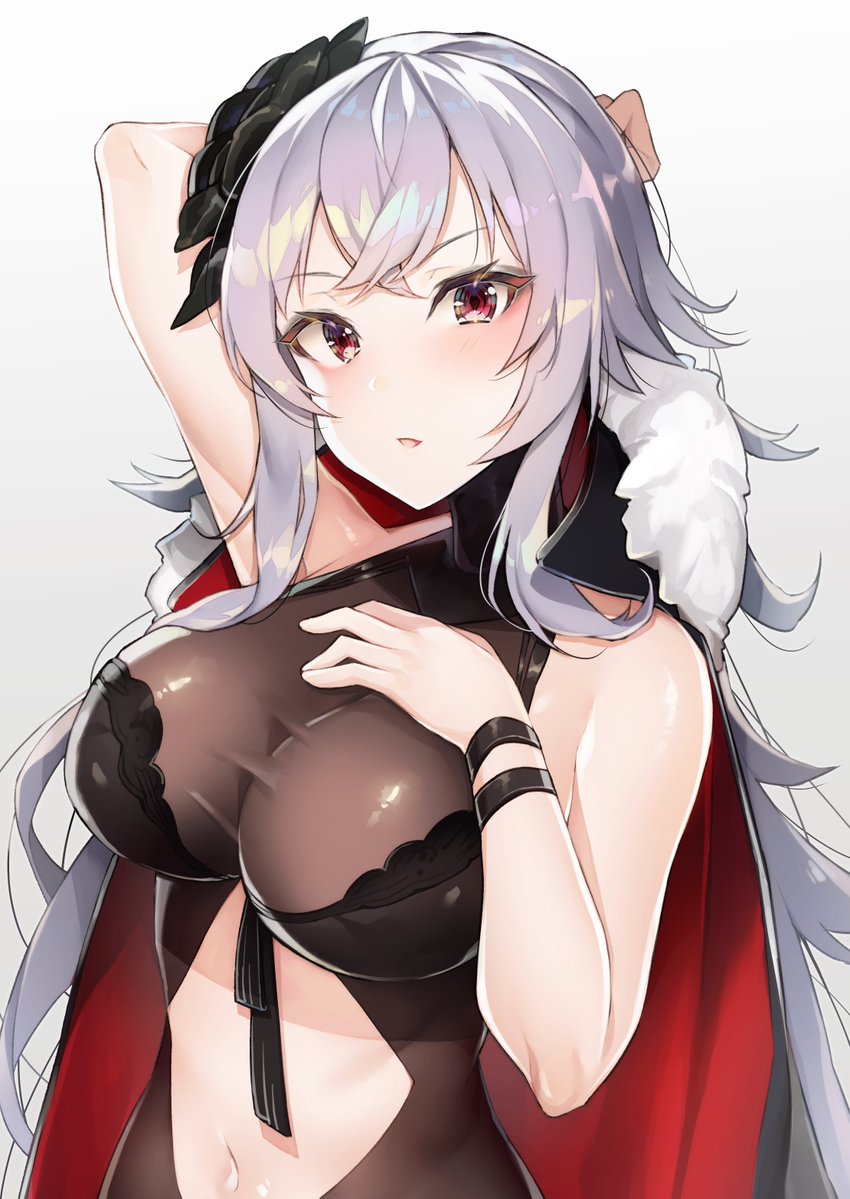 1girl azur_lane cape flower graf_zeppelin_(azur_lane) hair_flower hair_ornament hand_on_own_chest long_hair looking_at_viewer navel navel_cutout one-piece_swimsuit red_eyes sidelocks simple_background swimsuit white_background white_hair yayoichi_(yoruyoru108)