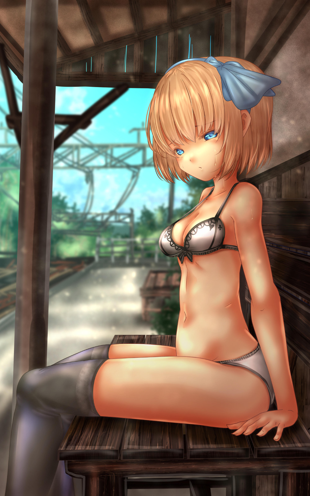 1girl alice_margatroid arm_support bangs bench blue_hairband blue_ribbon blue_sky blurry blurry_background bow bow_panties bra breasts casual cleavage closed_mouth day depth_of_field eyebrows_visible_through_hair from_side frown hair_ribbon hairband half-closed_eyes highres legs medium_breasts navel outdoors panties ribbon short_hair shounen_(hogehoge) sitting sky solo sweat touhou train_station underwear underwear_only utility_pole white_bra white_panties younger