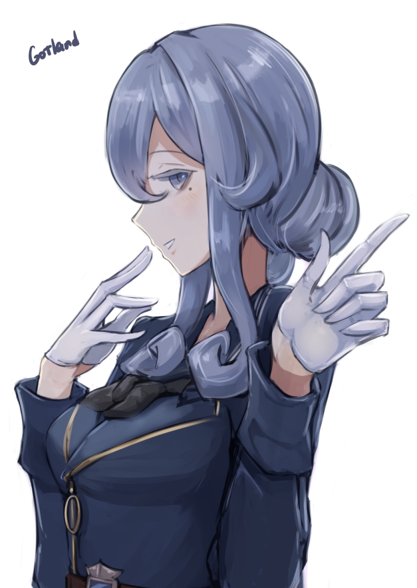 1girl black_neckwear blue_eyes blue_hair blue_jacket breasts closed_mouth eyebrows_visible_through_hair gloves gotland_(kantai_collection) hair_between_eyes hair_bun jacket kantai_collection long_hair long_sleeves looking_at_viewer medium_breasts military military_jacket military_uniform mizuchi_(mizuchi7118) mole mole_under_eye sailor_collar simple_background smile solo uniform white_background white_gloves