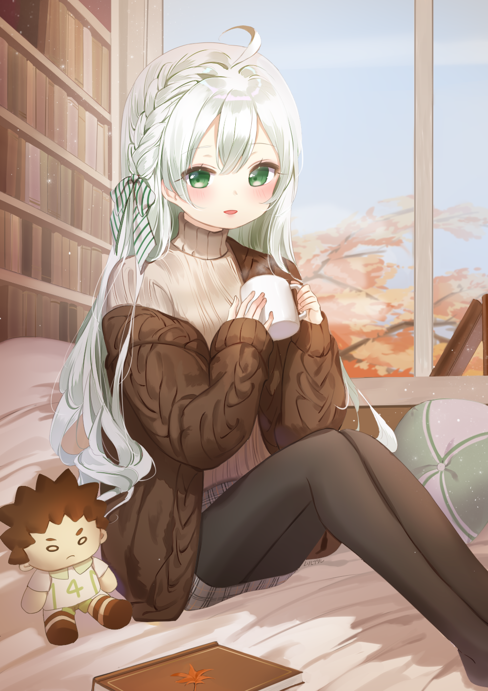 1girl ahoge autumn_leaves bangs bed_sheet black_legwear blue_sky blush book bow braid brown_sweater character_doll coffee_mug commission cup day diagonal_stripes eyebrows_visible_through_hair grey_skirt hair_between_eyes hair_bow highres holding holding_cup indoors jacket leaf long_hair looking_at_viewer maple_leaf mug mullpull open_clothes open_jacket original pantyhose parted_lips pillow plaid plaid_skirt red_eyes ribbed_sweater silver_hair skirt sky smile solo striped striped_bow sweater very_long_hair