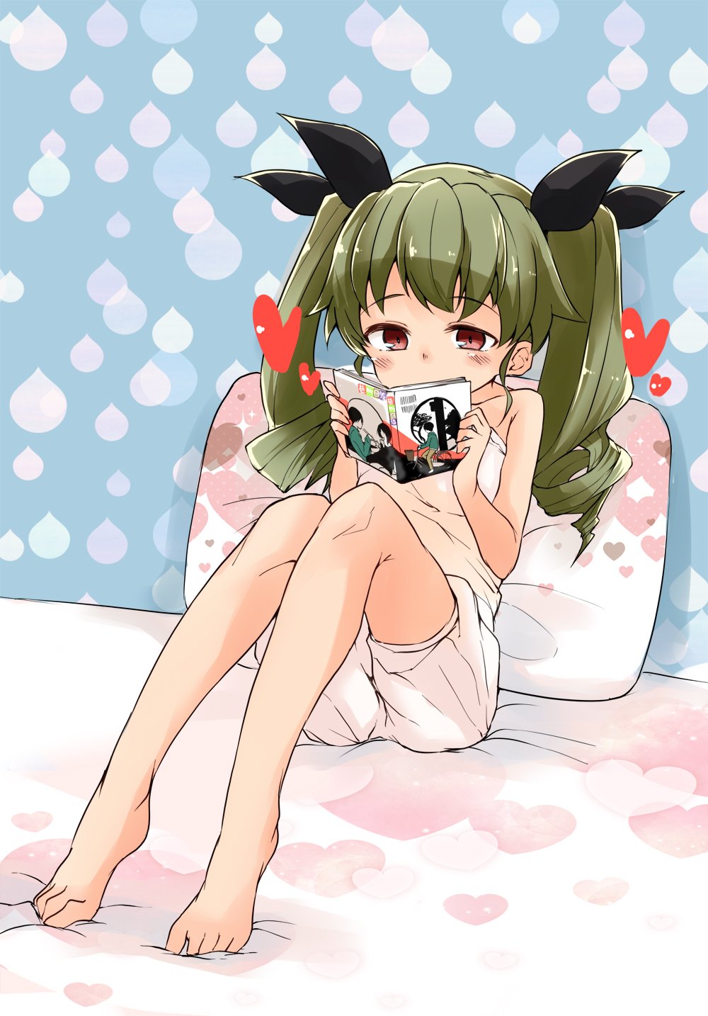 1girl anchovy bangs barashiya barefoot bed_sheet black_ribbon blush book commentary covered_mouth drill_hair eyebrows_visible_through_hair full_body girls_und_panzer green_hair hair_ribbon heart heart_print highres holding holding_book indoors long_hair on_bed pajamas pillow reading red_eyes ribbon shirt sitting solo sparkle tank_top twin_drills twintails white_shirt