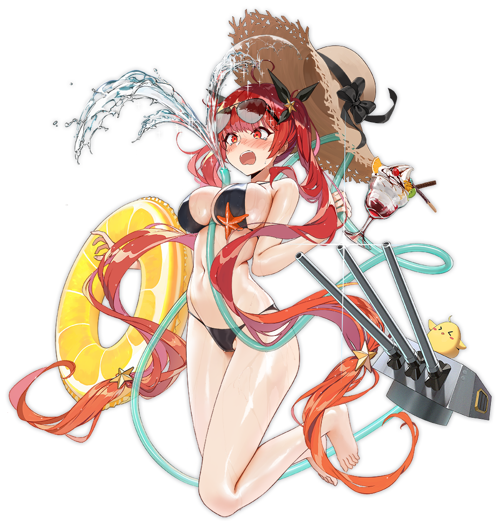 1girl absurdly_long_hair alternate_costume azur_lane bangs bare_legs barefoot between_breasts bikini black_bikini black_ribbon blush breasts cannon cleavage collarbone cup embarrassed eyebrows_visible_through_hair eyewear_on_head food full_body gradient_hair hair_ornament hair_ribbon hat hat_removed hat_ribbon headwear_removed holding_hose honolulu_(azur_lane) hose hose_between_breasts ice_cream innertube jumping large_breasts long_hair machinery mr_cloud multicolored_hair navel official_art open_mouth orange_hair red_eyes redhead ribbon rigging sexually_suggestive shiny shiny_skin skindentation solo star star_hair_ornament starfish stomach straw_hat sun_hat sundae sunglasses swimsuit tearing_up thighs transparent_background twintails upper_teeth very_long_hair water wet