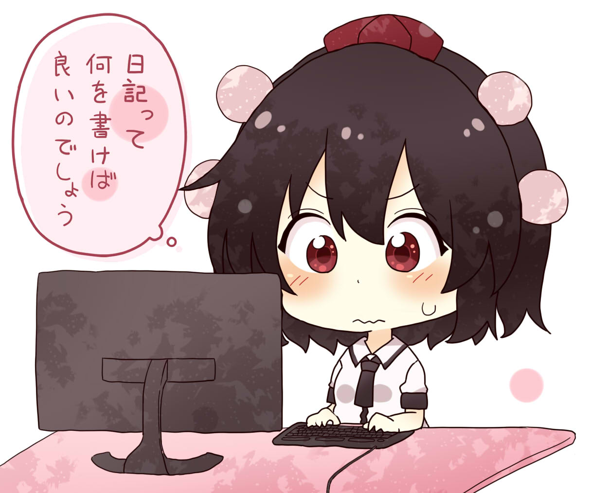 1girl bangs big_head black_hair black_neckwear blush breasts chibi closed_mouth commentary_request hat keyboard_(computer) looking_at_screen monitor pom_pom_(clothes) red_eyes red_hat shameimaru_aya short_hair short_sleeves sitting solo sweatdrop thought_bubble tokin_hat totoharu_(kujirai_minato) touhou translated typing unmoving_pattern wavy_mouth wing_collar