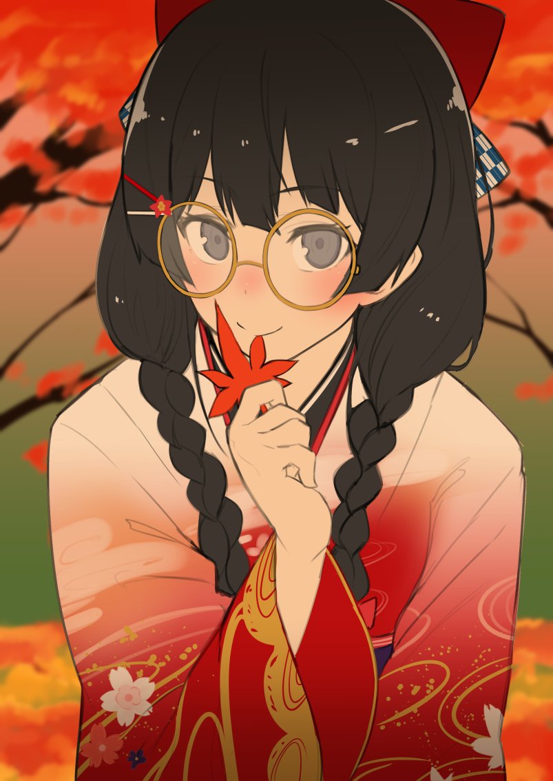 1girl autumn autumn_leaves black_eyes black_hair blush bow checkered checkered_bow commentary eyebrows_visible_through_hair hair_bow hair_ornament hairclip japanese_clothes kimono leaf long_hair looking_at_viewer nuezou original raised_eyebrows red_bow smile solo yellow-framed_eyewear