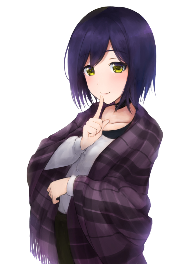 1girl blue_hair blush casual choker collarbone finger_to_mouth long_sleeves looking_at_viewer nijisanji roudou_zero scarf shizuka_rin short_hair smile tagme virtual_youtuber white_background yellow_eyes