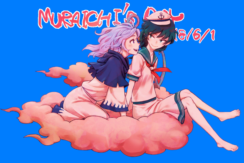 2girls anchor anchor_symbol barefoot black_hair blue_background blue_hair blush clouds commentary_request dated green_eyes hat hood hood_down kumoi_ichirin looking_at_another meimaru_inuchiyo multiple_girls murasa_minamitsu romaji sailor_collar short_sleeves sitting sitting_on_cloud smile touhou white_hat wide_sleeves