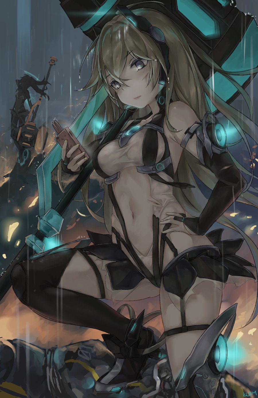 2girls bare_shoulders blonde_hair blood blush breasts cellphone copyright_request glowing grey_eyes hammer highres holding holding_weapon klemhm long_hair medium_breasts multiple_girls navel phone rain solo_focus standing weapon wet
