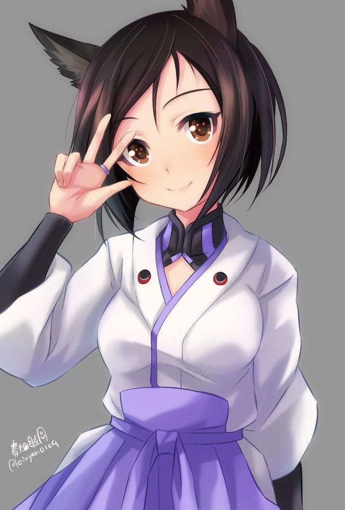 1girl animal_ears artist_name bangs black_bodysuit blue_skirt bodysuit brown_eyes brown_hair closed_mouth commentary_request dog_ears grey_background hakama_skirt haruhata_mutsuki head_tilt japanese_clothes kuroda_kunika long_sleeves looking_at_viewer noble_witches shirt short_hair signature simple_background skirt smile solo standing swept_bangs twintails upper_body w white_shirt wide_sleeves world_witches_series