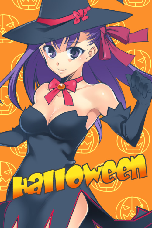 1girl bare_shoulders elbow_gloves fate/stay_night fate_(series) gloves hair_ribbon halloween hat heaven's_feel long_hair matou_sakura neck_ribbon purple_eyes purple_hair ribbon solo witch_hat