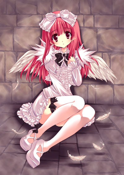 1girl bow deathsmiles feathers frills gothic_lolita hair_bow legs lolita_fashion original pink_eyes pink_hair short_dress sitting thigh-highs thighhighs white_legwear white_thighhighs windia wings yukiwo