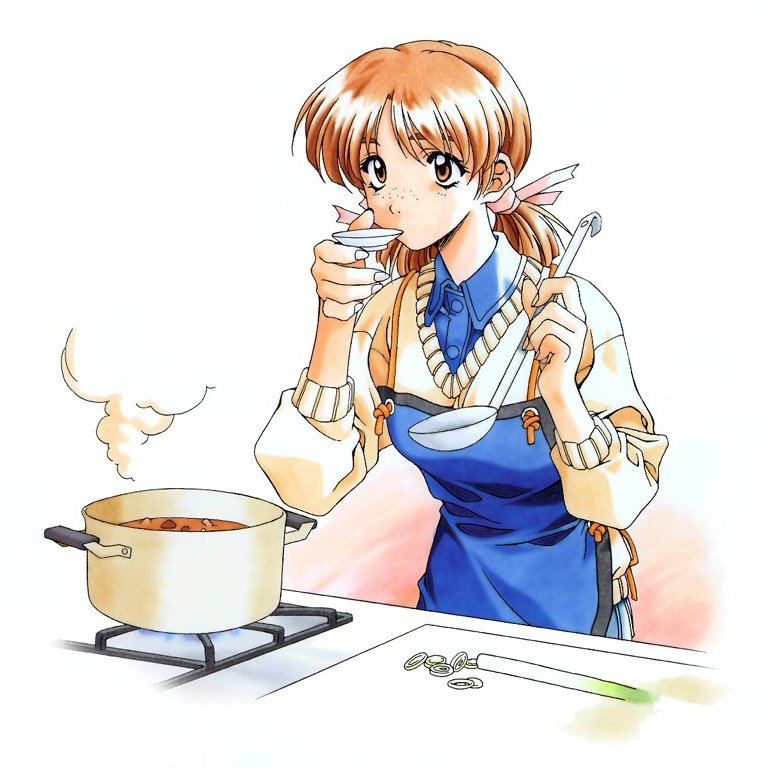 apron brown_eyes brown_hair cooking freckles kai_tomohisa ladle nabe negi pot sentimental_graffiti spring_onion tasting