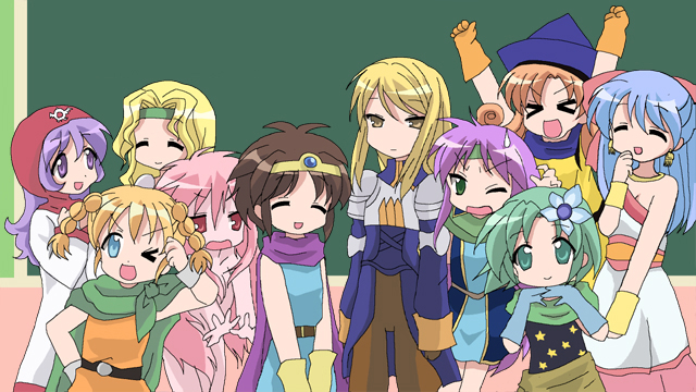 &gt;_&lt; agrias_oaks alena armor bianca blonde_hair blue_eyes blue_hair bow brown_hair cape celes_chere circlet cloak closed_eyes crossover curly_hair dragon_quest dragon_quest_ii dragon_quest_iii dragon_quest_iv dragon_quest_v dress everyone faris_scherwiz final_fantasy final_fantasy_iv final_fantasy_tactics final_fantasy_v final_fantasy_vi flora flower gloves green_eyes green_hair hair_bow hat headband hiiragi_kagami hiiragi_tsukasa hood iwasaki_minami izumi_konata kobayakawa_yutaka kusakabe_misao long_hair lucky_star minegishi_ayano motteke!_serafuku open_mouth orange_hair pants parody patricia_martin pink_hair princess_of_moonbrook purple_eyes purple_hair red_eyes roto rydia short_hair smile sweatdrop takara_miyuki tamura_hiyori tina_branford trance_tina_branford tunic twintails violet_eyes wink wristband yellow_eyes