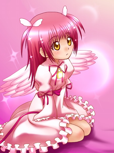 amulet_angel angel_wings awa dress frills hinamori_amu lock magical_girl padlock pink_hair ribbon shugo_chara! sitting solo twintails wings yellow_eyes