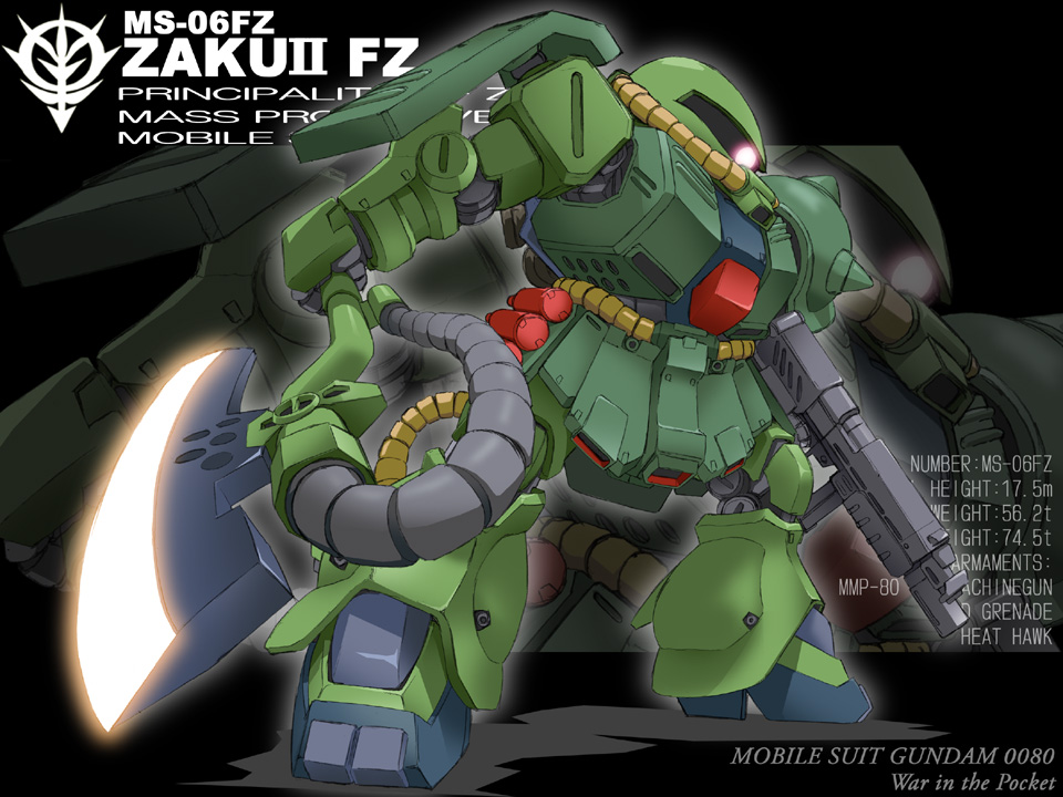 dual_wielding gun gundam gundam_0080 mecha solo text weapon yamano_sachi zaku zaku_ii zaku_ii_fz_kai zoom_layer